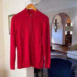 Christopher & Banks Red Zip Front Cardigan Knit Design Rib Sides 100% Cotton XL